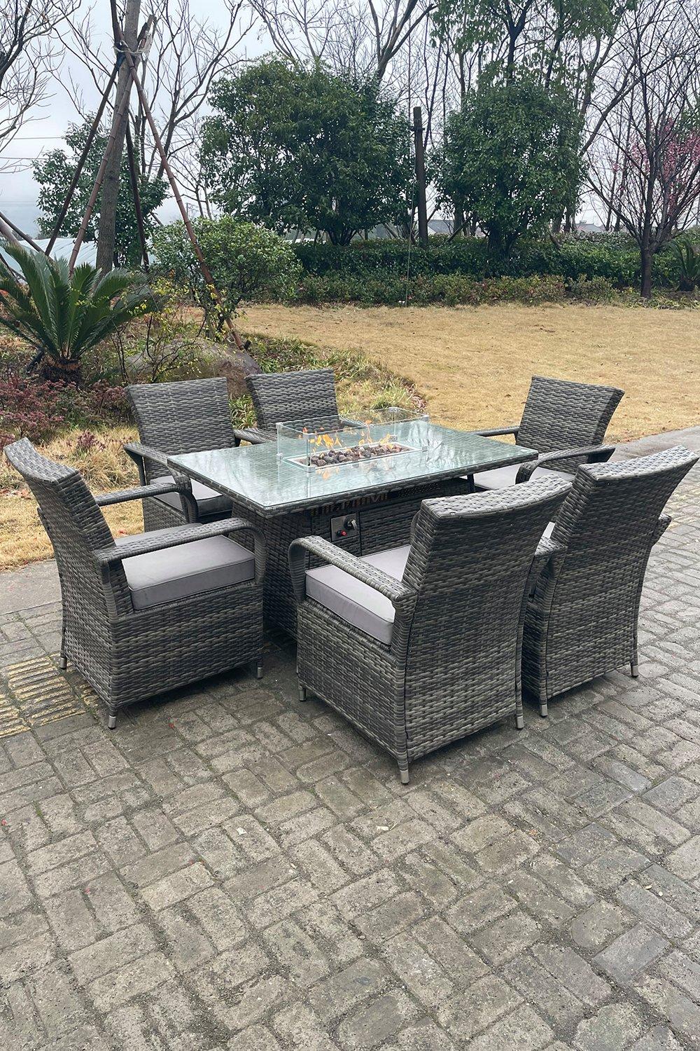 Rattan Gas Fire Pit Oblong Dining Table Gas Heater Table And Chair Set 6 Seater
